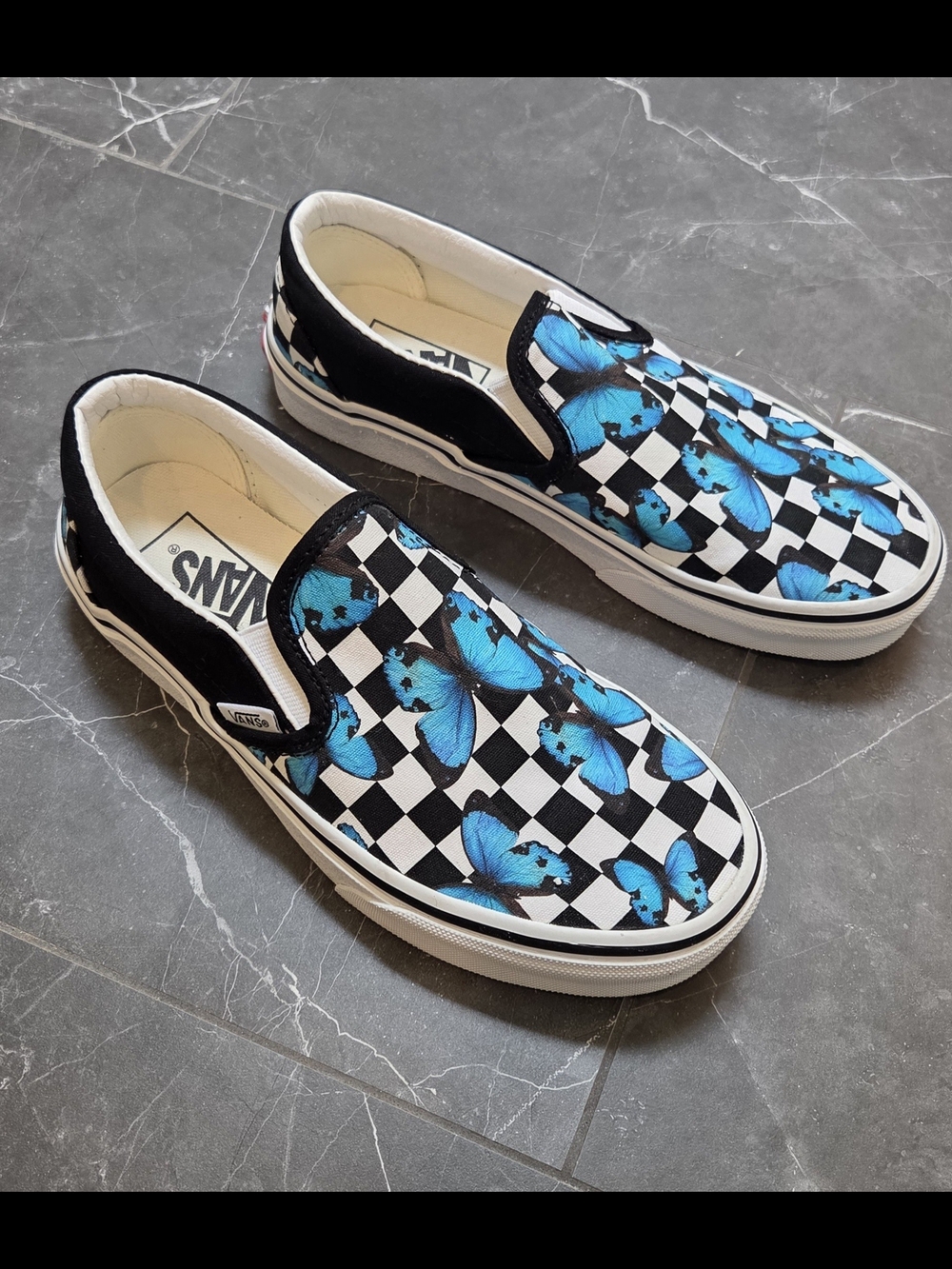 Vans Classic Slip-On Sneakers with Blue Butterfly Checkerboard